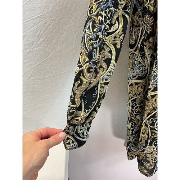 H&M Sz 8 V-Neck‎ Black Gold Chain Button Down Shirt Dress Tunic Equestrian - Picture 3 of 9